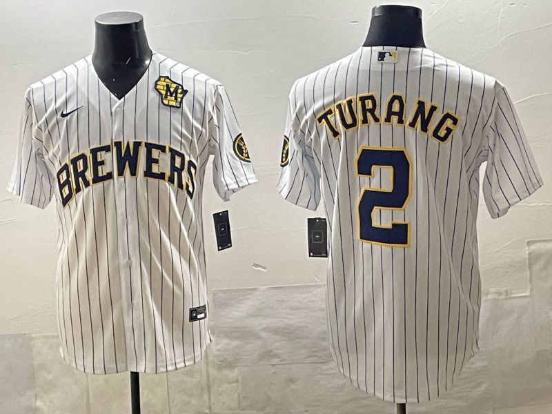 Men 2025 Milwaukee Brewers #2 Turang White Stripe 2025 Nike MLB Jersey 017